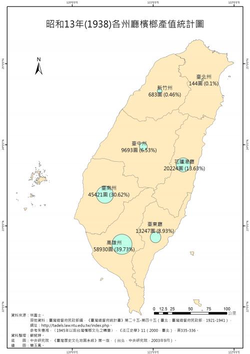 昭和13年（1938）各州廳檳榔產值統計圖