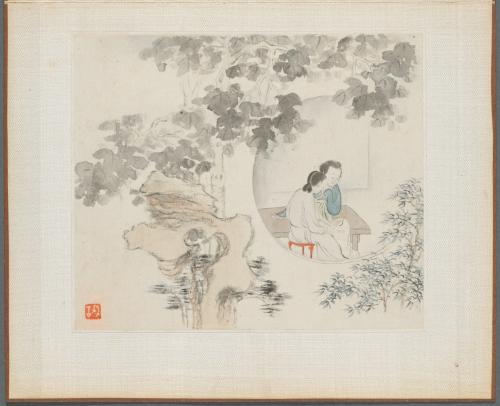 Album of Landscape Paintings Illustrating Old Poems: Two Women Sit at a Table within a Circle Visible in a Landscape