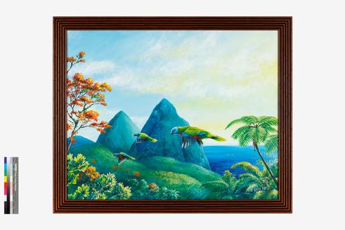 聖露西亞的驕傲-鸚鵡和皮通山油畫(The Pride of Saint Lucia: Parrots and Pitons Oil Painting)