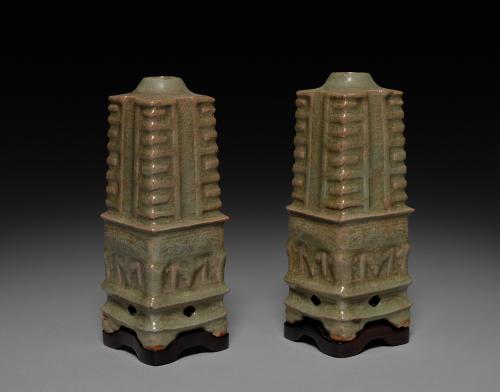 Pair of Vases in Shape of Cong: Southern Celadon Ware