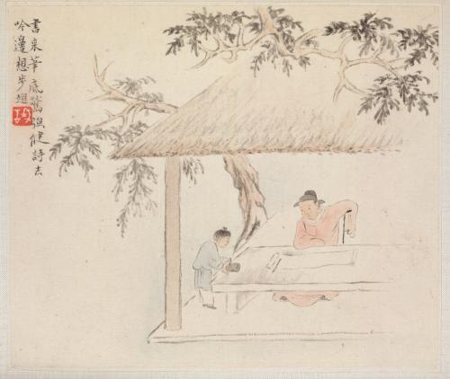 Album of Landscape Paintings Illustrating Old Poems: A Man Sits at a Table before an Open Scroll; a Boy Mixes Ink