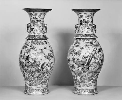 Pair of Vases with Flowers, Insects, and Birds