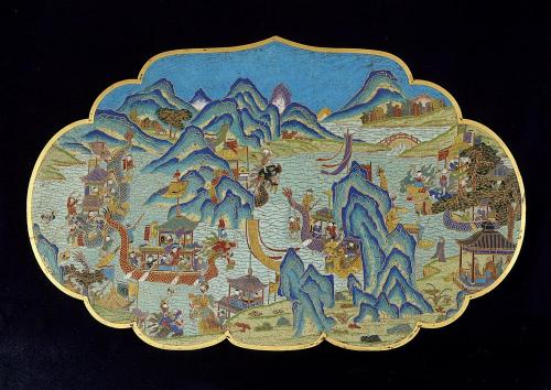 Plaque showing Dragon Boat festival, one of a pair（清景泰藍端午掛屏）