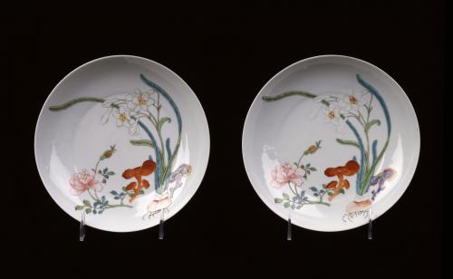 Pair of Famille Rose Dishes with Narcissus, Rose, and Fungus