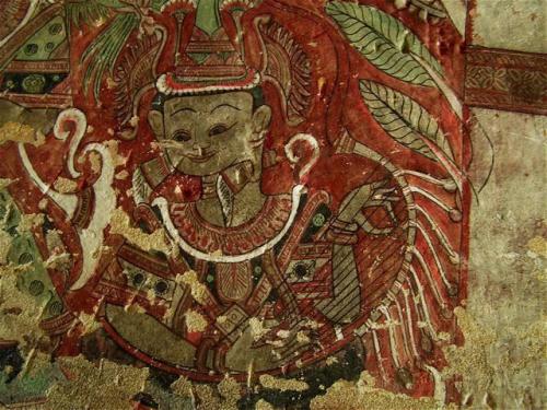 Po Win Taung佛窟群的內殿壁畫（局部）：阿佞阿傃樂團的緬甸彎琴手（18世紀）