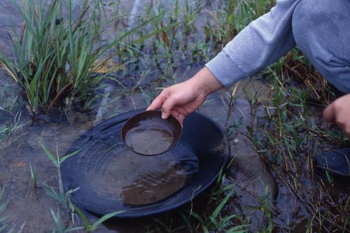 在缺水的環境，可以可以用淘金盤裝水，在裡面以鐵碗淘洗砂金