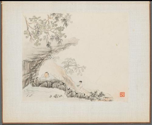 Album of Landscape Paintings Illustrating Old Poems:  A Man Lies under a Rocky Overhang; a Boy Stands to his Right