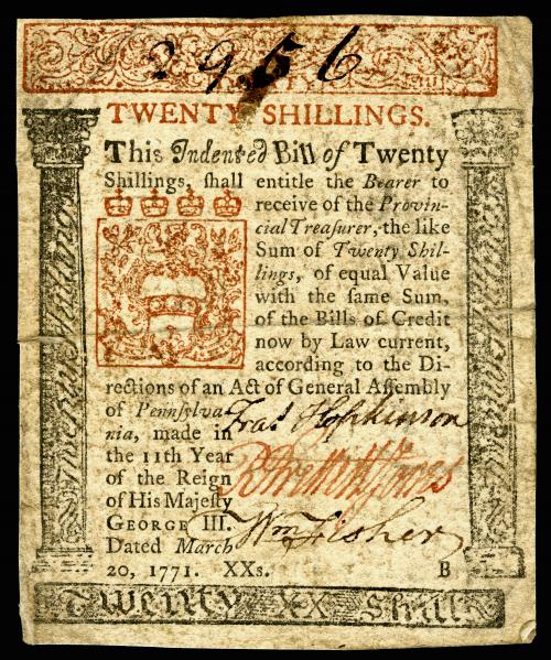 賓夕法尼亞省殖民地貨幣（二十先令） 20 Shillings Colonial Currency from the Province of Pennsylvania