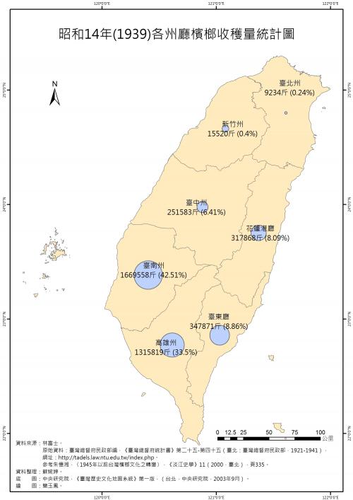 昭和14年（1939）各州廳檳榔收穫量統計圖