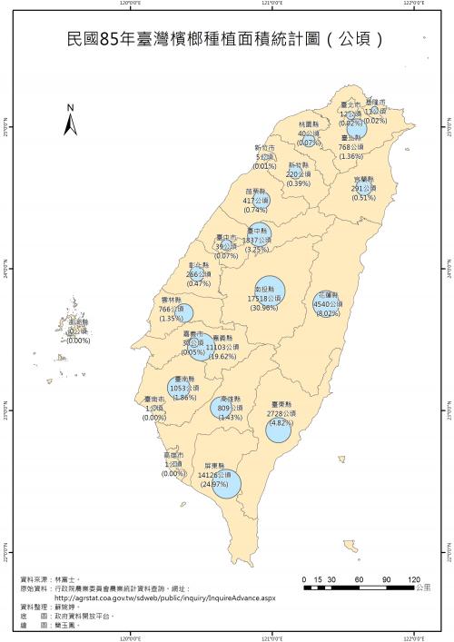民國85年臺灣檳榔種植面積統計圖（公頃）