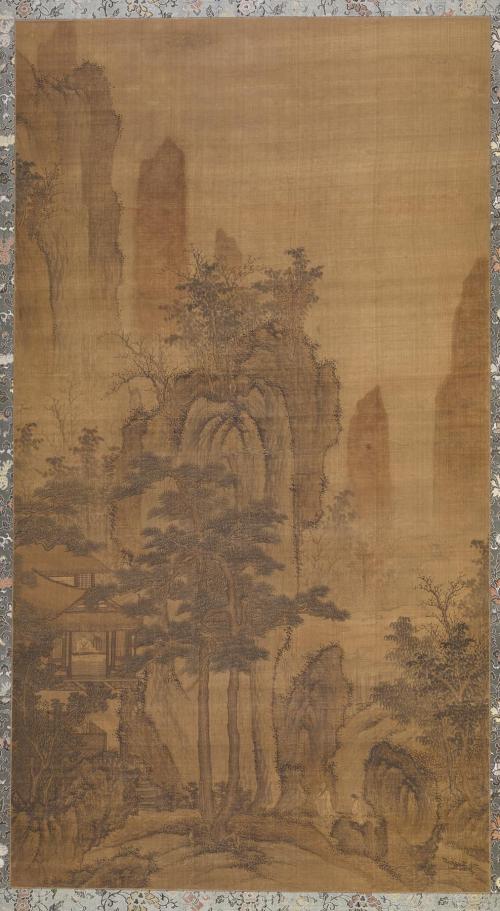 Mountain Landscape with Scholar in a Pavilion and Two Figures Approaching