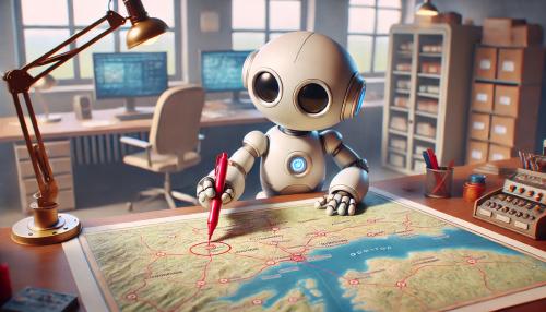 A robot is circling place names on a map with a red marker.