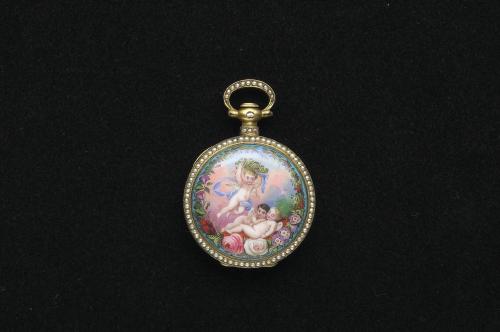 十九世紀 「播喴」畫琺瑯鑲珠懷錶