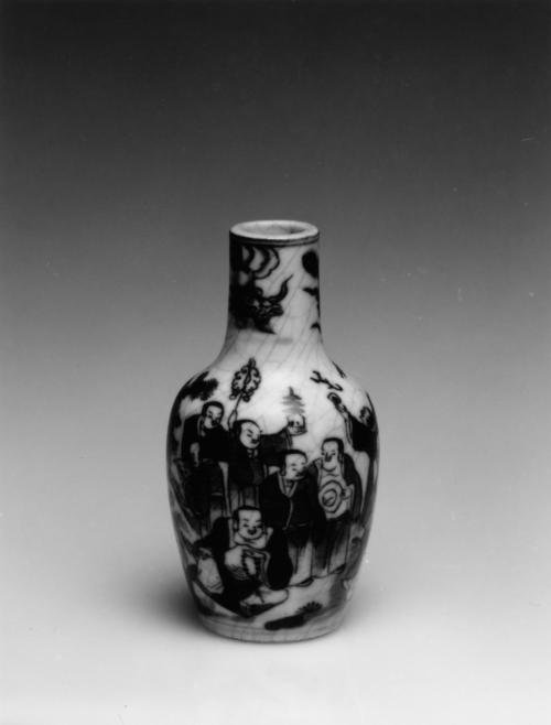 Snuff Bottle with Buddhist Saints, One Carried Aloft by a Phoenix
