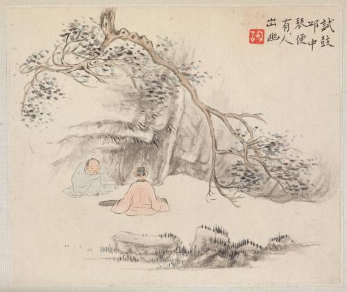 Album of Landscape Paintings Illustrating Old Poems: Two Figures Outside: One Listens while the Other Plays the Qin