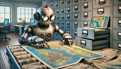 A robot is searching the map archive