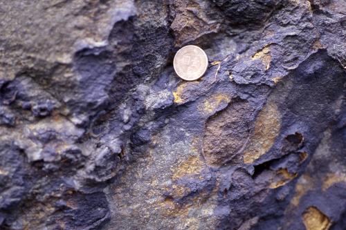 次生氧化鐵礦物形成薄層覆蓋沉積岩表面