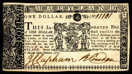 馬里蘭省殖民地貨幣（壹元） 1 Dollar Colonial Currency from the Province of Maryland