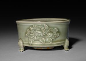 Incense Burner in Form of Archaic Lian with Peonies in Refief:  Longquan Ware