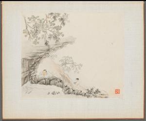 Album of Landscape Paintings Illustrating Old Poems:  A Man Lies under a Rocky Overhang; a Boy Stands to his Right