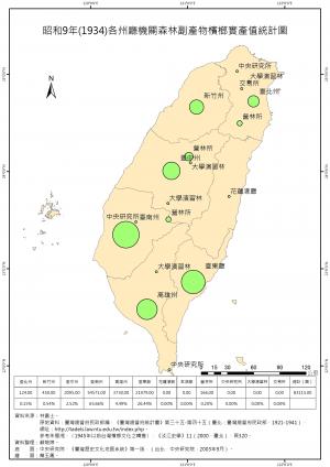 昭和9年（1934）各州廳機關森林副產物檳榔實產值統計圖