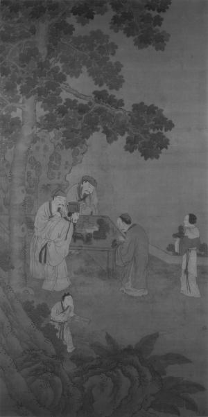 Four Art Connoisseurs with Two Attendants Under a Tree