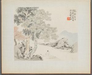 Album of Landscape Paintings Illustrating Old Poems:  Three Big Trees, a Stream with an Old Man Sitting on the Bank