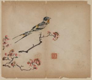 Swallow on Flowering Peach Branch