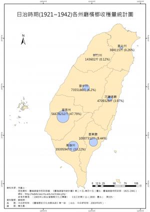 日治時期（1921-1942）各州廳檳榔收穫量統計圖