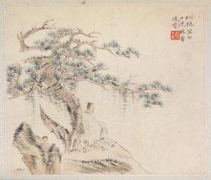 Album of Landscape Paintings Illustrating Old Poems:  An Old Man Sits under a Pine Tree, a Boy is behind a Stone