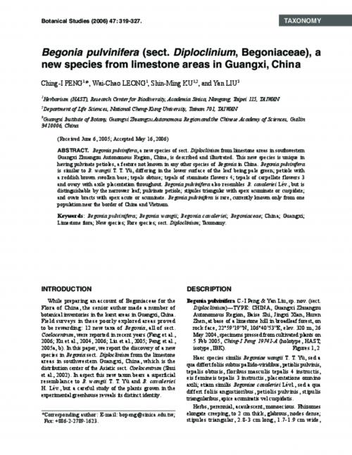 Begonia pulvinifera (sect. Diploclinium, Begoniaceae), a new species from limestone areas in Guangxi, China.