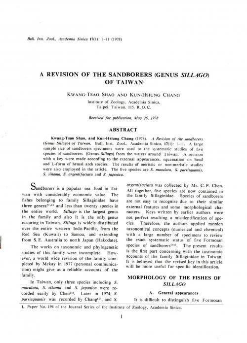 A revision of the sandborers (Genus Sillago) of Taiwan