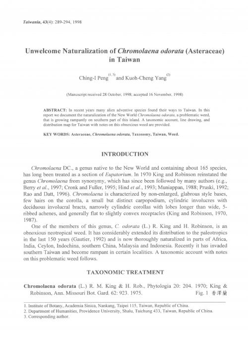 Unwelcome naturalization of Chromolaena odorata (Asteraceae) in Taiwan