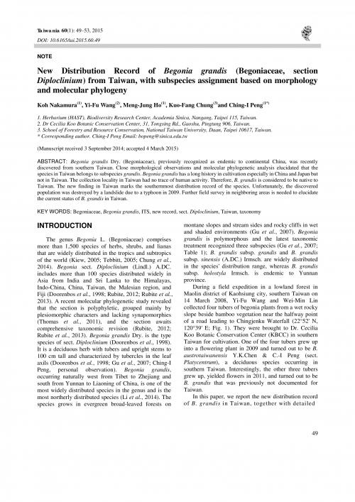 New distribution record of Begonia grandis (Begoniaceae, section Diploclinium) from Taiwan, with subspecies assignment based on morphology and molecular phylogeny