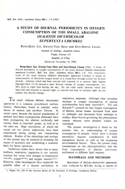 A study of diurnal periodicity in oxygen consumption of  the small abalone (Haliotis diversicolor suprertexta Licschke)