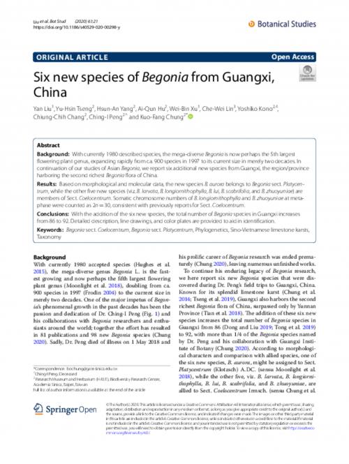 Six new species of Begonia from Guangxi, China