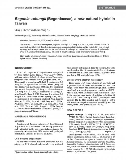 Begonia ×chungii (Begoniaceae), a new natural hybrid in Taiwan.