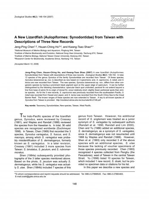 A New Lizardfish (Aulopiformes: Synodontidae) from Taiwan with Descriptions of Three New Records