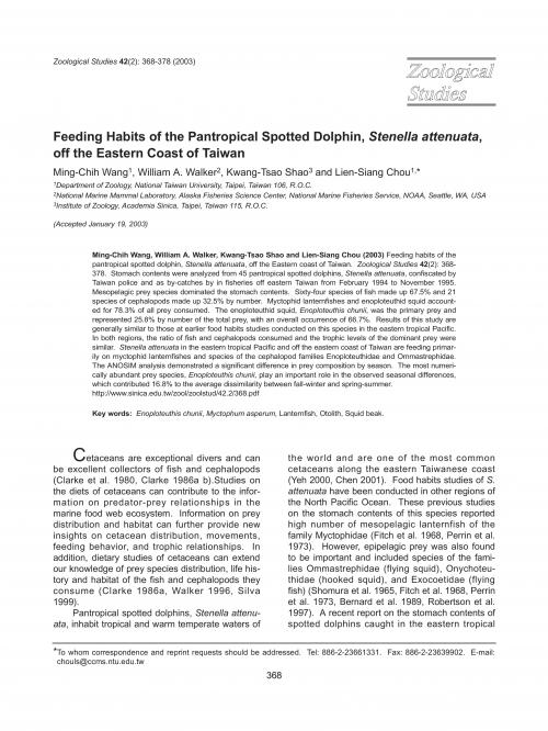 Feeding habits of pantropical spotted dolphin, Stenella attenuata, off the eastern coast of Taiwan