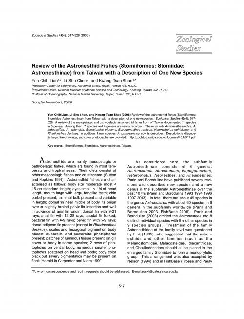 Review of the Astronesthid Fishes (Stomiiformes: Stomiidae: Astronesthinae) from Taiwan with a Description of One New Species