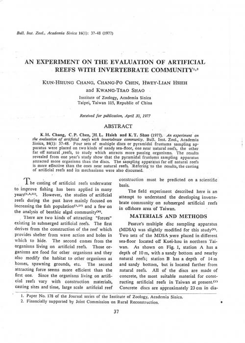 An experiment on the evaluation of artificial reefs with invertebrate community