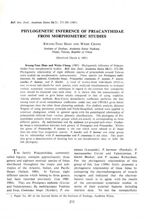 Phylogenetic inference of Priacanthidae from morphometric studies