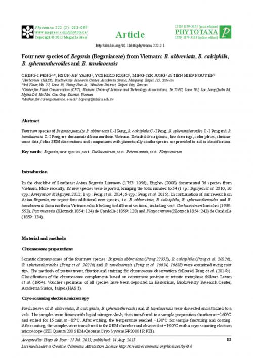 Four new species of Begonia (Begoniaceae) from Vietnam: B. abbreviata, B. calciphila, B. sphenantheroides and B. tamdaoensis