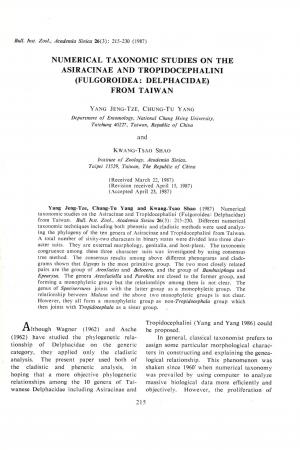 Numerical taxonomic studies on damselfishes (Pisces: Pomacentridae) - I. the species and distributions of damselfishes in Taiwan