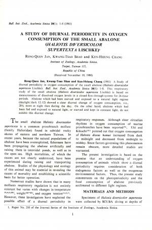 A study of diurnal periodicity in oxygen consumption of  the small abalone (Haliotis diversicolor suprertexta Licschke)